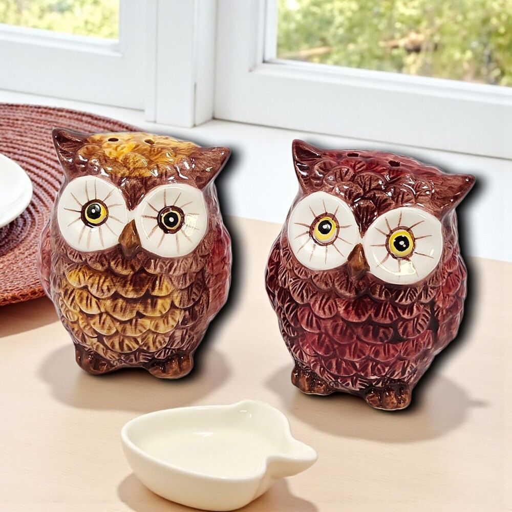 Vintage 1970s Style Owl Salt & Pepper Shakers Ceramic Brown Red Unmarked